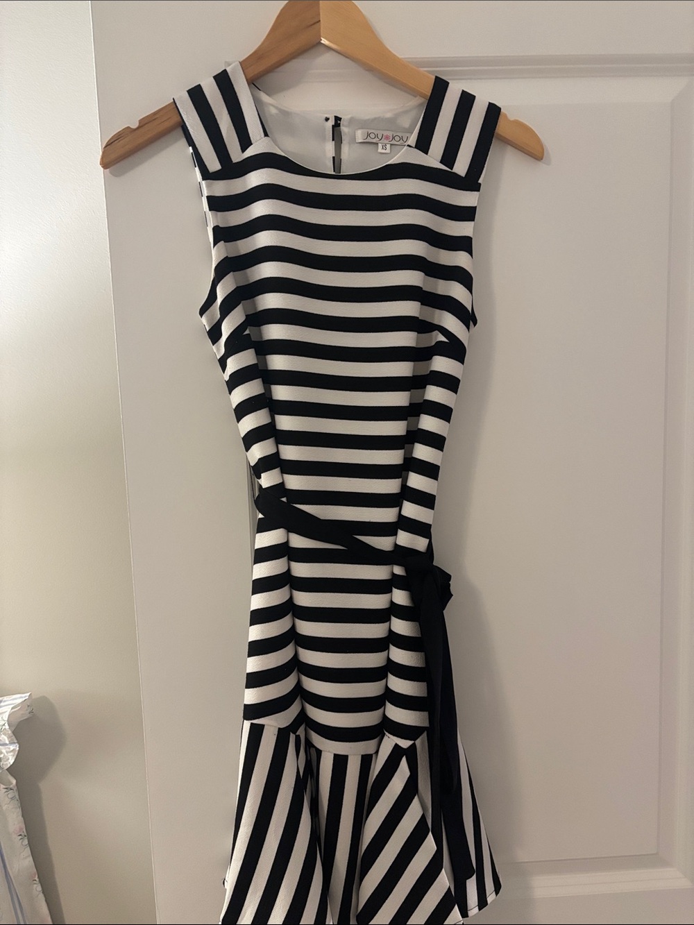 Joy Joy  Black and White Striped Midi Dress with Waist Tie